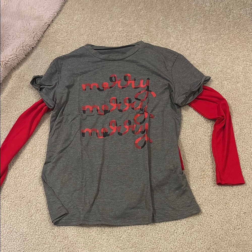 Gray and Red Shirt with 'Merry' Print